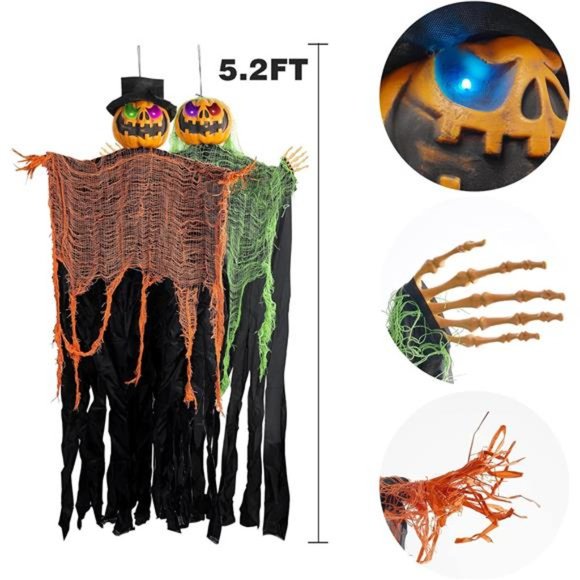 2 Pack 5.2' Hanging Ghost Pumpkin w/ Bendable Arms, Color Changing Lighted Eyes - Picture 2 of 6